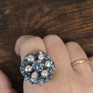 Adjustable Freshwater Pearl and Rhinestone Ring